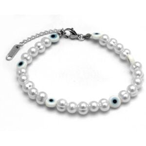 PULSERA PERLAS Y OJO PROTECTOR BLANCO ACERO QUIRÚRGICO 17 A 23 CM (P33147)