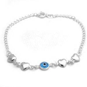 PULSERA CORAZON Y OJO PROTECTOR CELESTE ACERO BLANCO 19 CM (P11089)