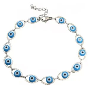 PULSERA OJO PROTECTOR CON BORDE CELESTE ACERO BLANCO 20 CM (P33143)