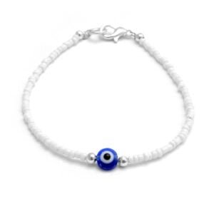 PULSERA OJO PROTECTOR AZUL CON PERLAS ACERO BLANCO 17 A 23 CM (P35374)