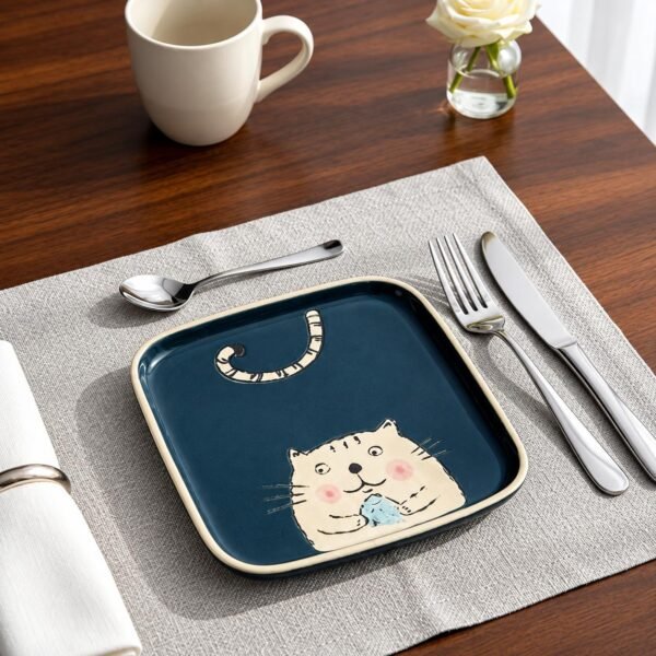 Plato gatito azul cuadrado ceramica